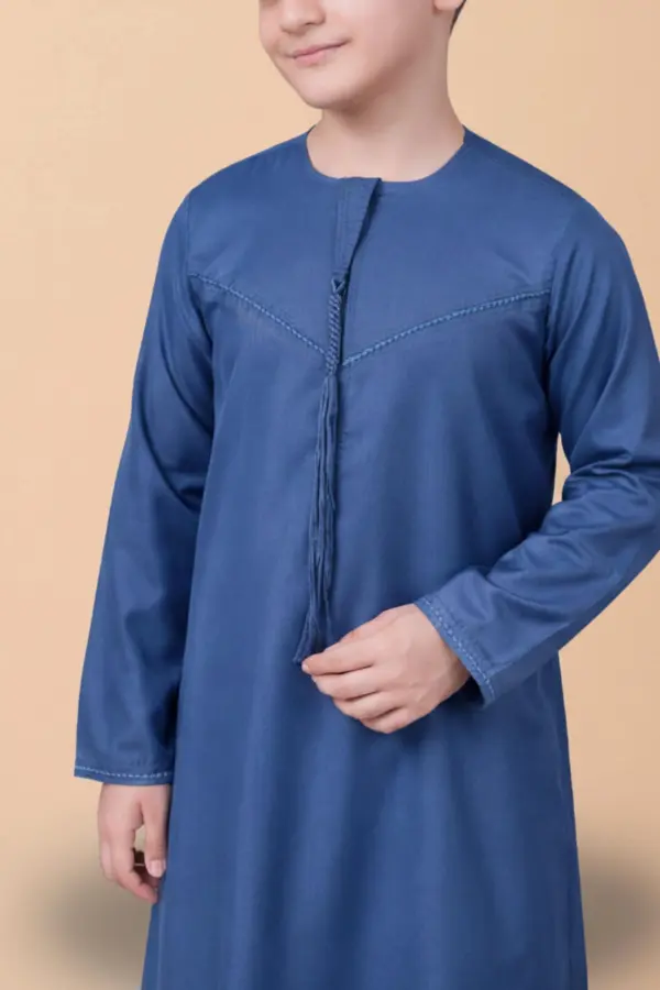 Premium Denim Blue Emirati Kids Thobe with V-Stitch Panel & Tassel Detail - Image 4 - Ruby Online
