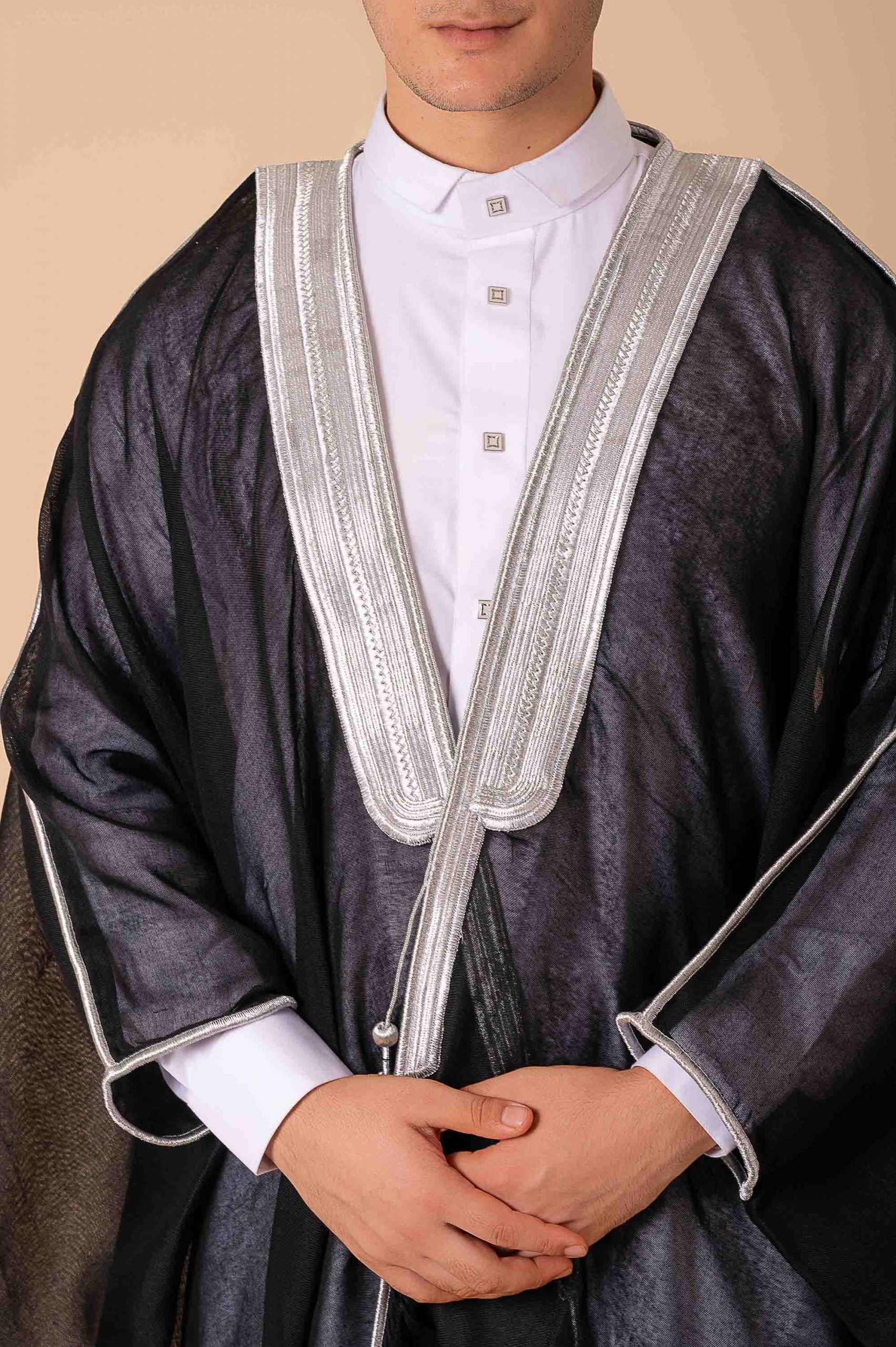 Royal Prestige Black Arabic Bisht for Men with Intricate Silver Zari Border – Premium Lightweight Open-Front Luxury Cloak - Image 10 - Ruby Online