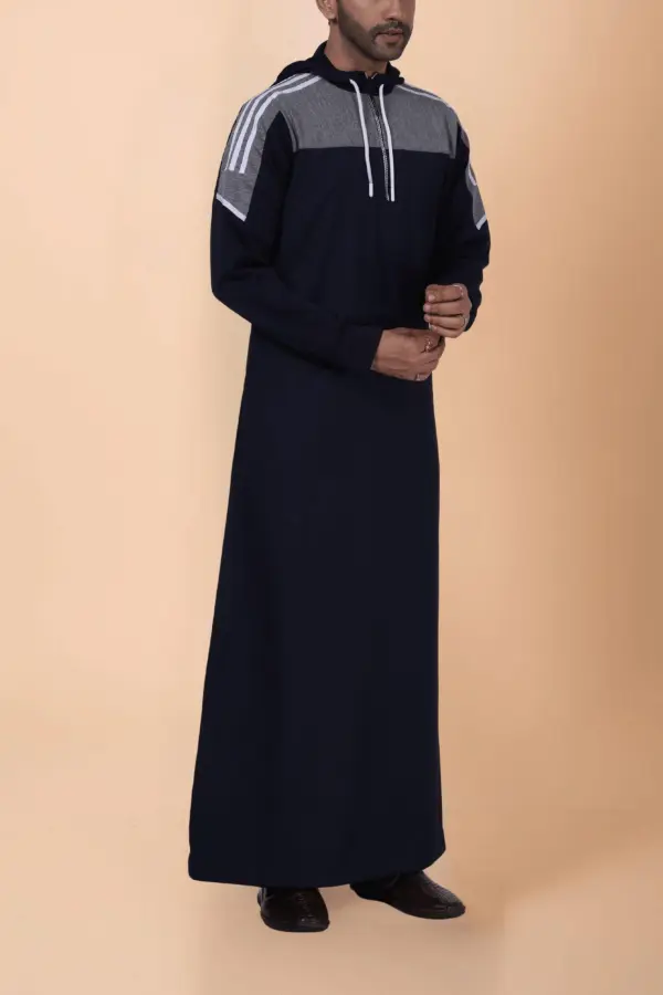 Men’s Navy Blue Hooded Thobe with Grey Panel & White Stripe Design - Image 6 - Ruby Online