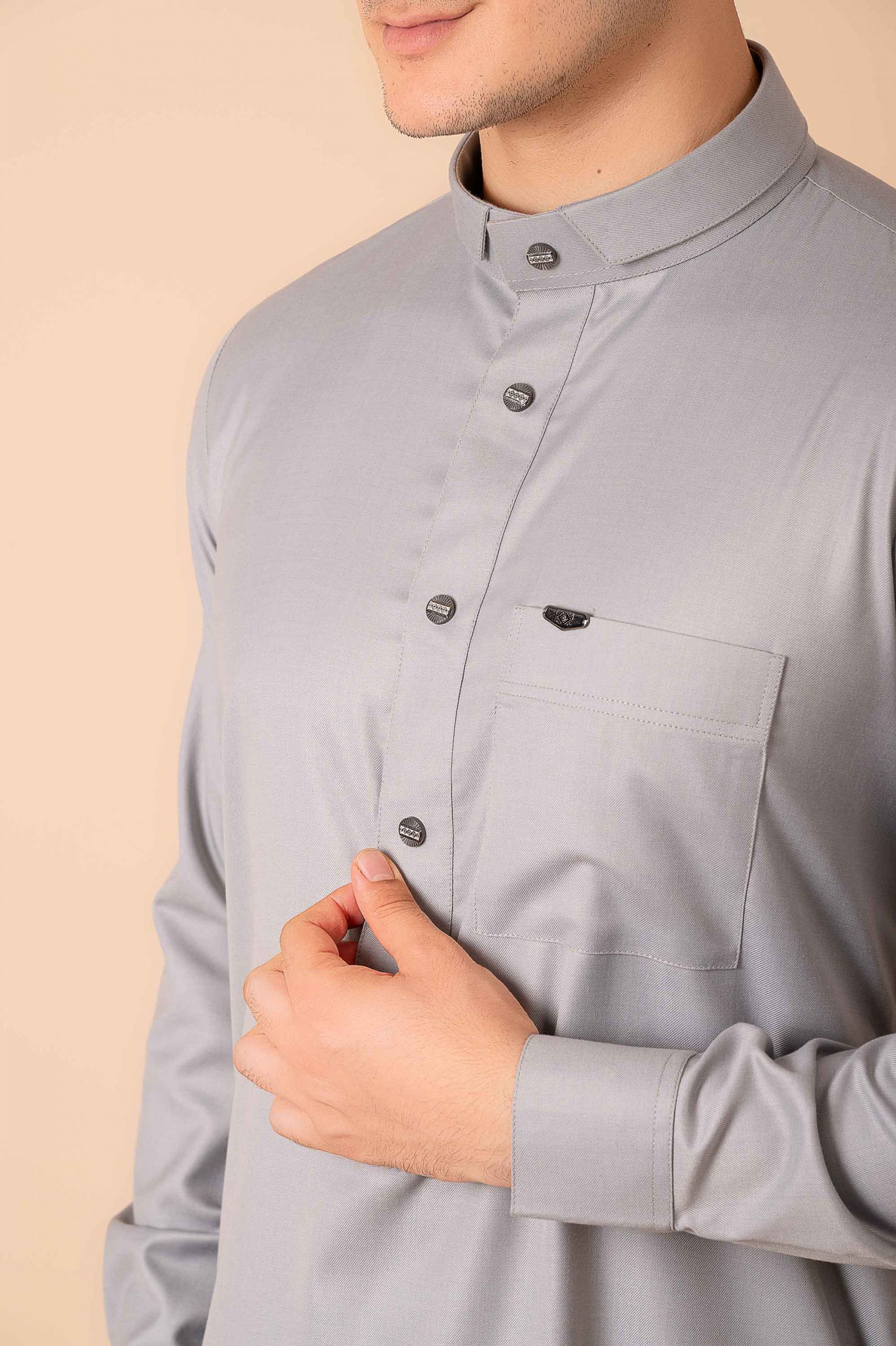 Premium Light Grey Minimalist Band-Collar Designer Thobe for Men with Metal Button Detail - Image 10 - Ruby Online