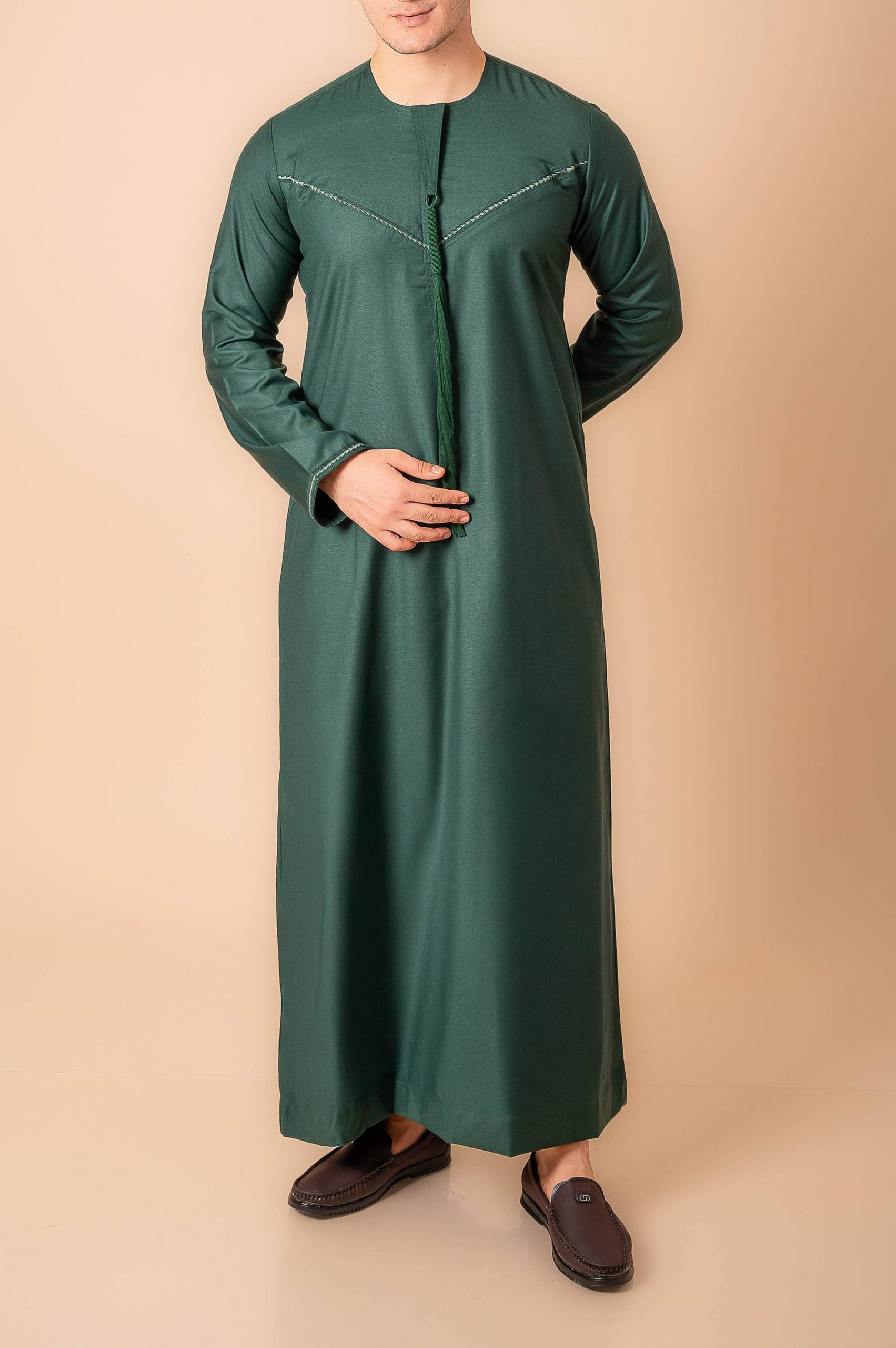 Premium Deep Emerald Green Emirati Tassel Thobe for Men – Light Sage Braided Front Kandura - Image 6 - Ruby Online