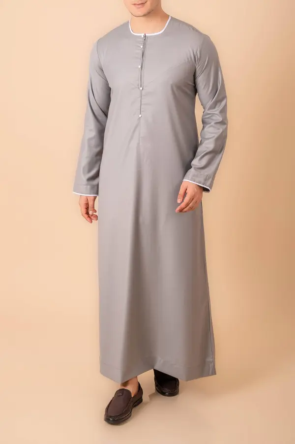 Premium Light Grey Emirati-Style Thobe with White Contrast Piping & Minimal Panel Design