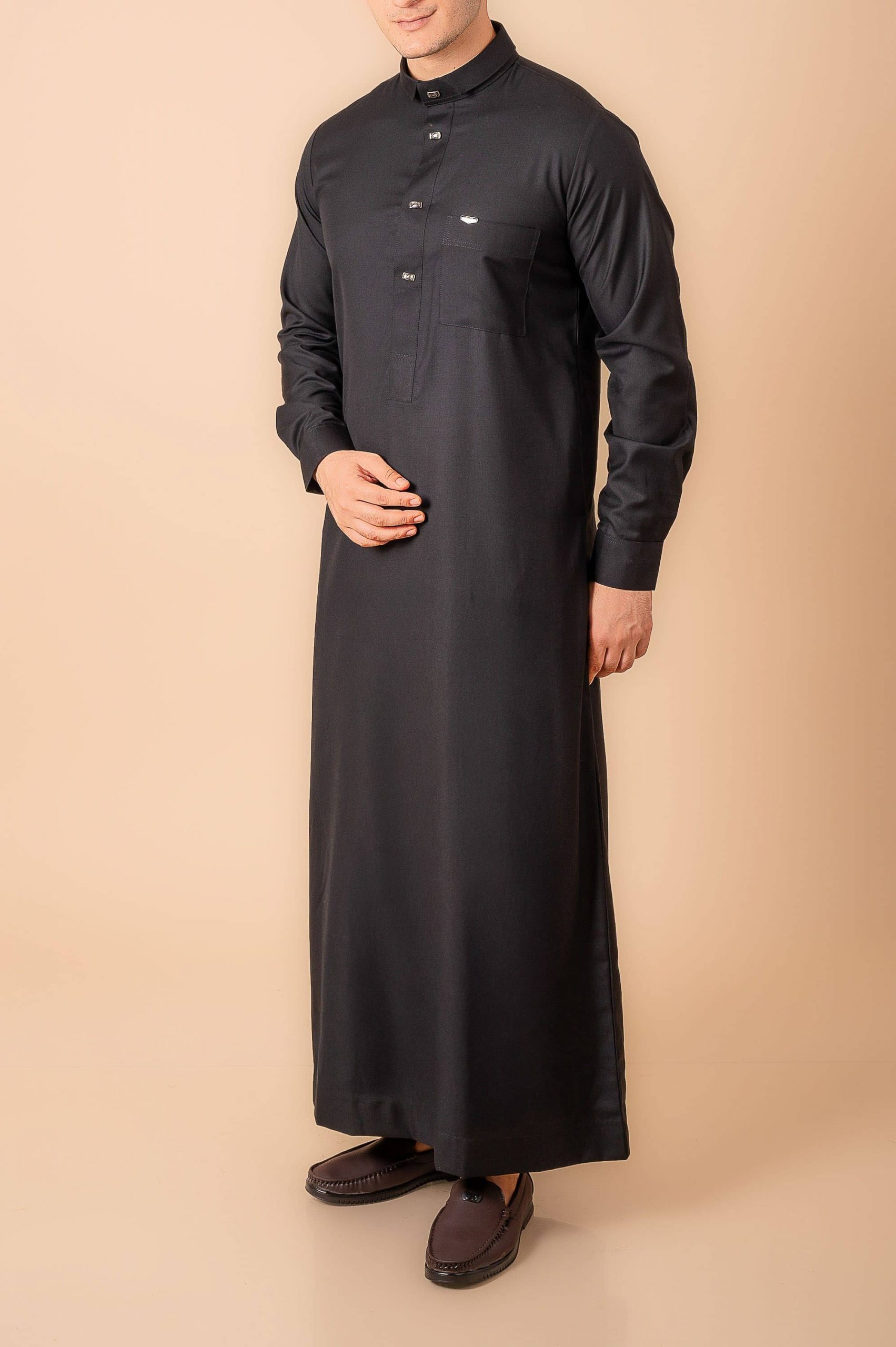 Luxury Deep Black Designer Thobe for Men with Gunmetal Button Placket & Modern Band Collar - Image 8 - Ruby Online
