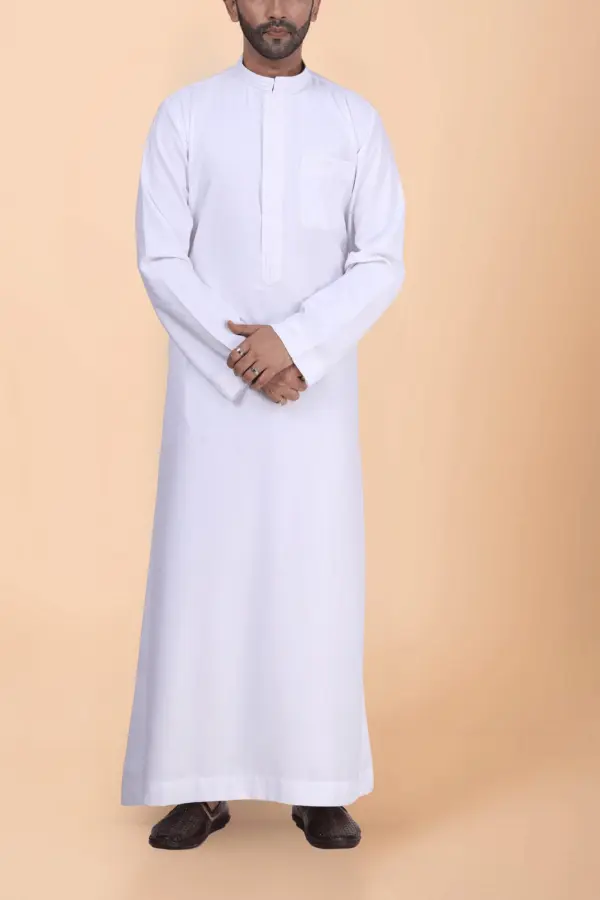 Classic White Plain Thobe with Band Collar & Clean Placket Design