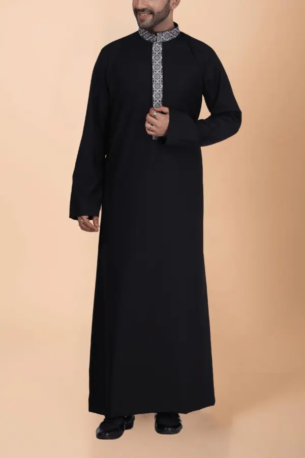 Black Thobe with Grey Geometric Embroidery Strip & Band Collar - Image 6 - Ruby Online