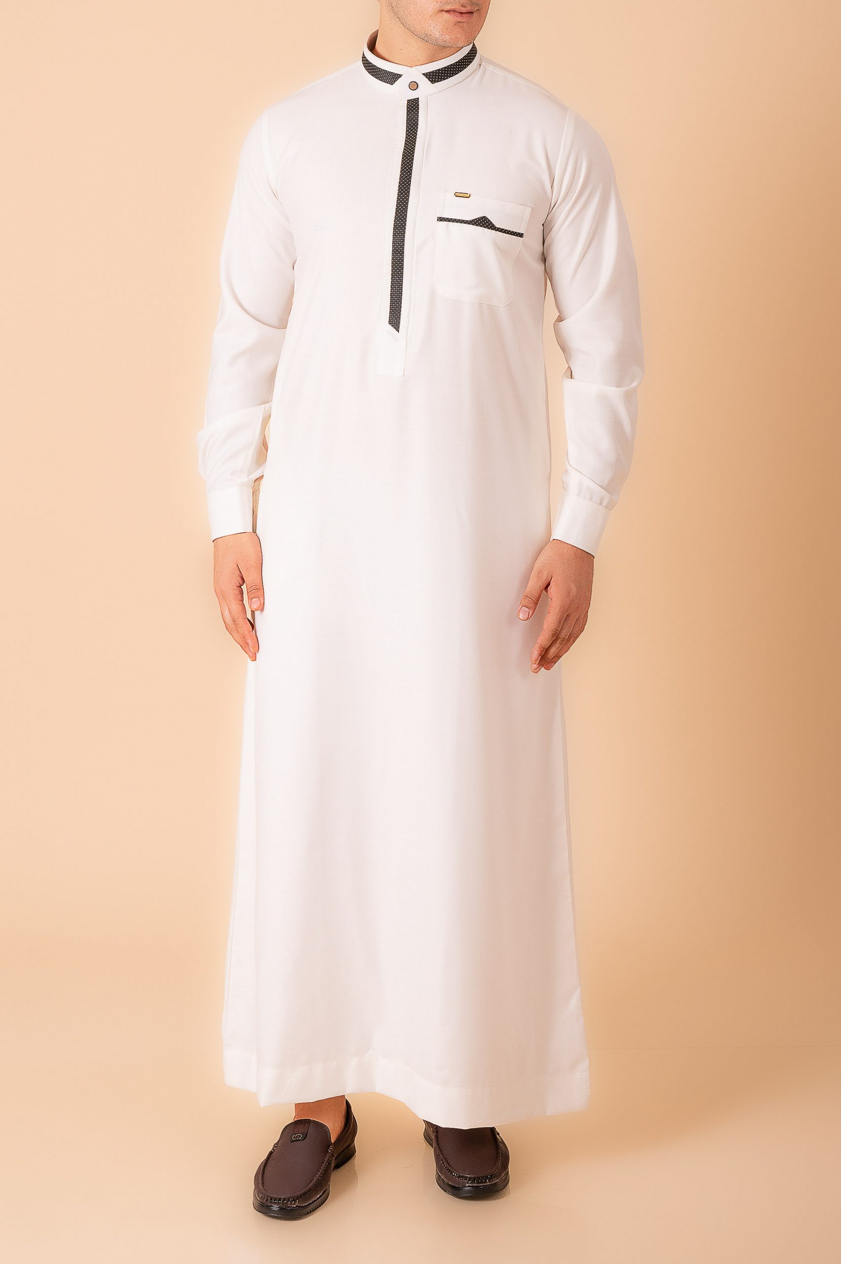 Luxury White Designer Thobe with Black Contrast Trim & Gold Detail - Image 6 - Ruby Online
