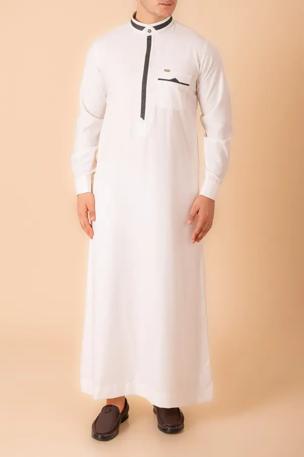 Luxury White Designer Thobe with Black Contrast Trim & Gold Detail
