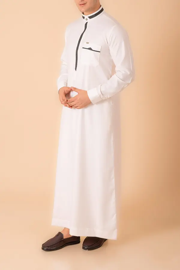 Luxury White Designer Thobe with Black Contrast Trim & Gold Detail - Image 2 - Ruby Online