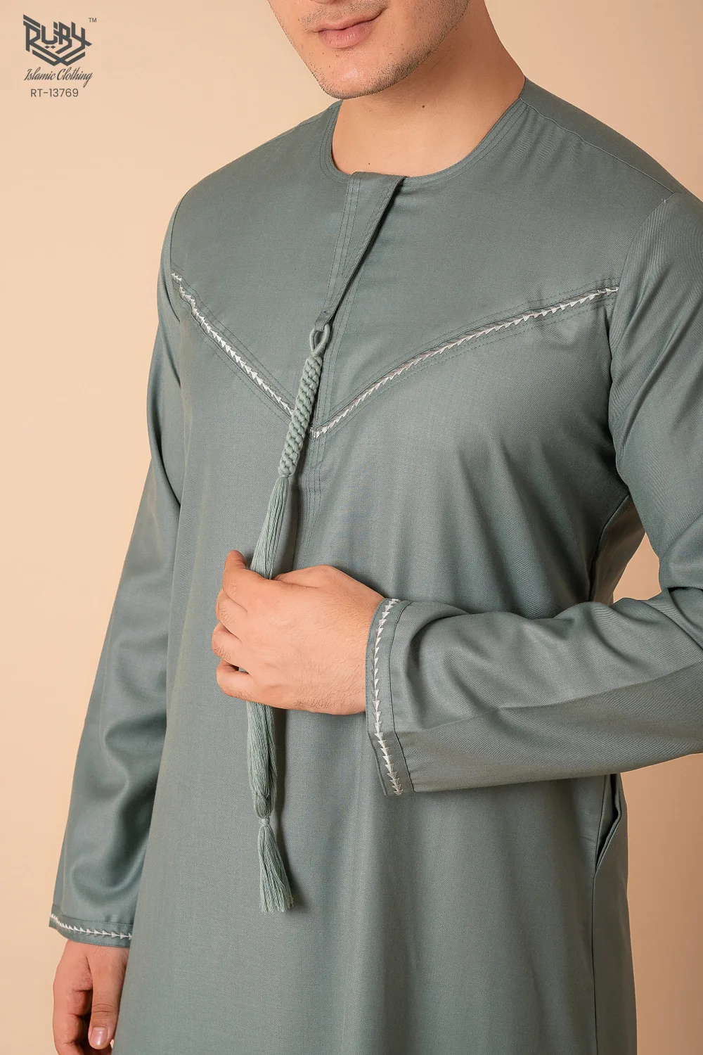 Premium Sage Green Emirati Tassel Thobe for Men with Silver Braided V-Panel – Modern Kandura Style - Image 5 - Ruby Online
