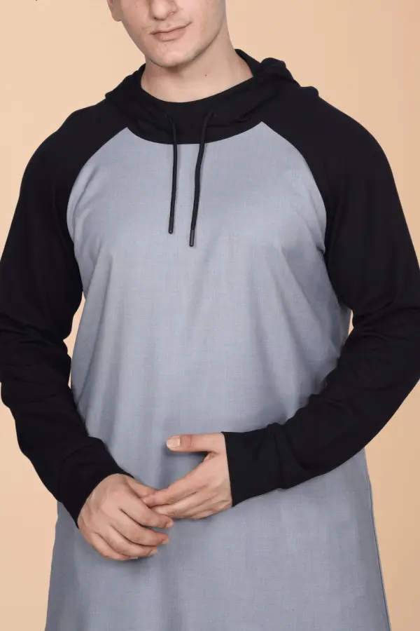 Men’s Light Grey Hooded Thobe with Black Sleeves – Minimal Sport Style - Image 5 - Ruby Online