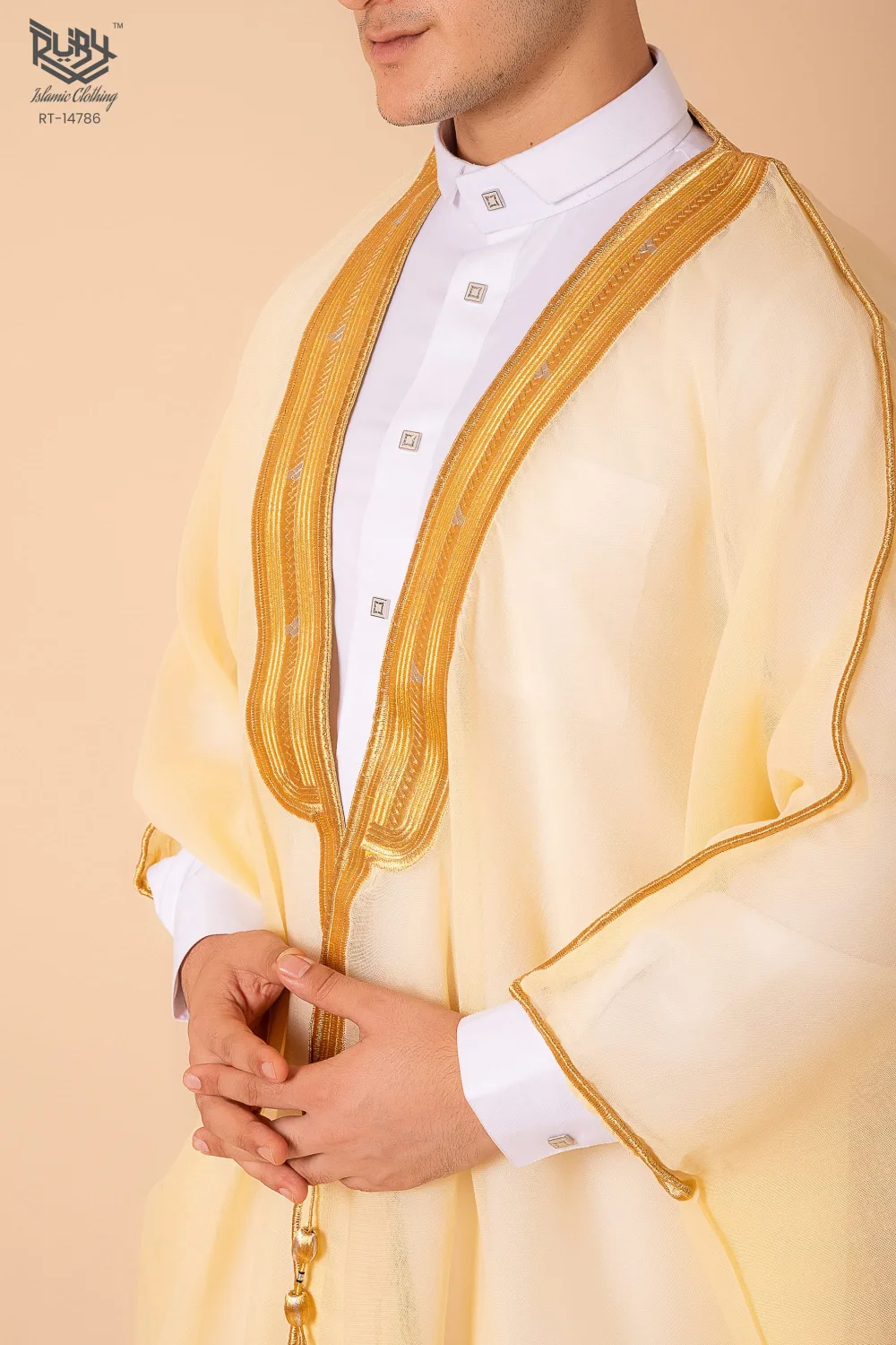 Luxury Cream Arabic Bisht for Men with Gold Zari Edge Embroidery – Premium Lightweight Open-Front Cloak - Image 3 - Ruby Online
