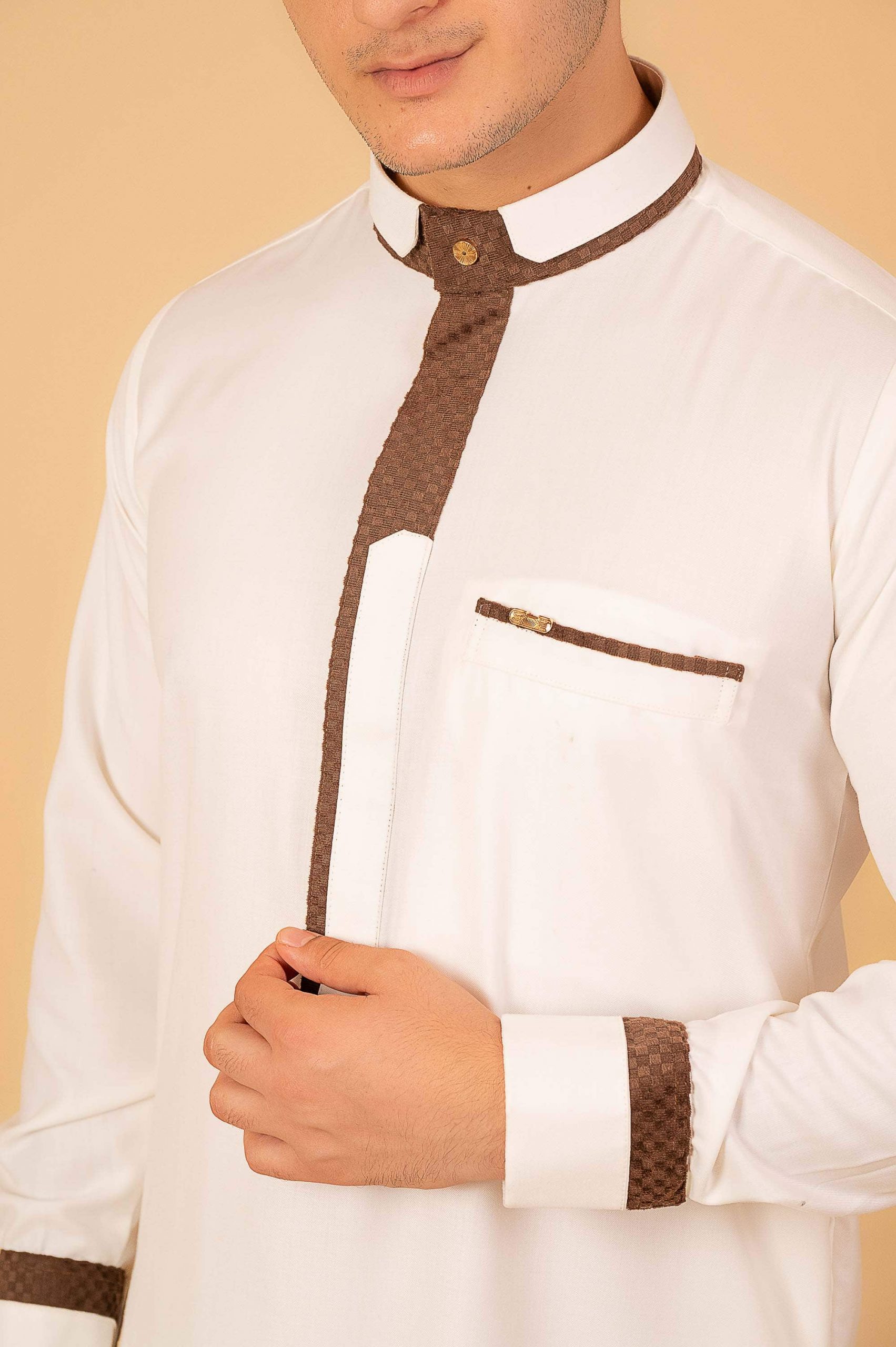 Men’s White Designer Thobe with Brown Contrast Piping – Premium Saudi Collar Kandura - Image 11 - Ruby Online