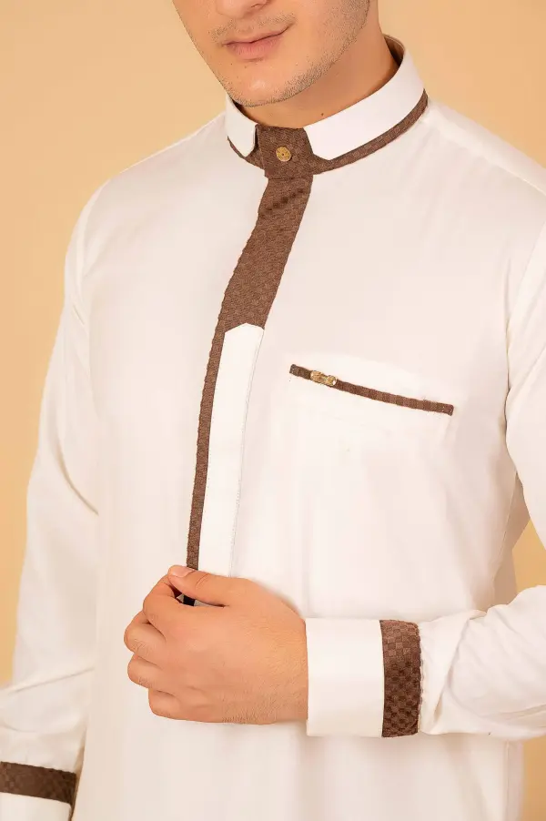 Men’s White Designer Thobe with Brown Contrast Piping – Premium Saudi Collar Kandura - Image 5 - Ruby Online