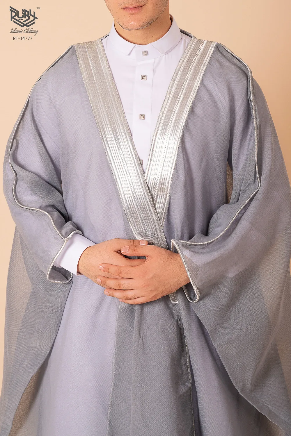 Elegant Grey Arabic Bisht for Men with Silver Zari Edge Embroidery – Premium Lightweight Open-Front Cloak - Image 2 - Ruby Online