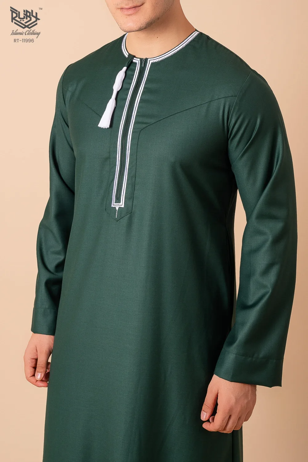 Dark Green Omani Thobe with White Geometric Embroidery & Tassel - Image 5 - Ruby Online