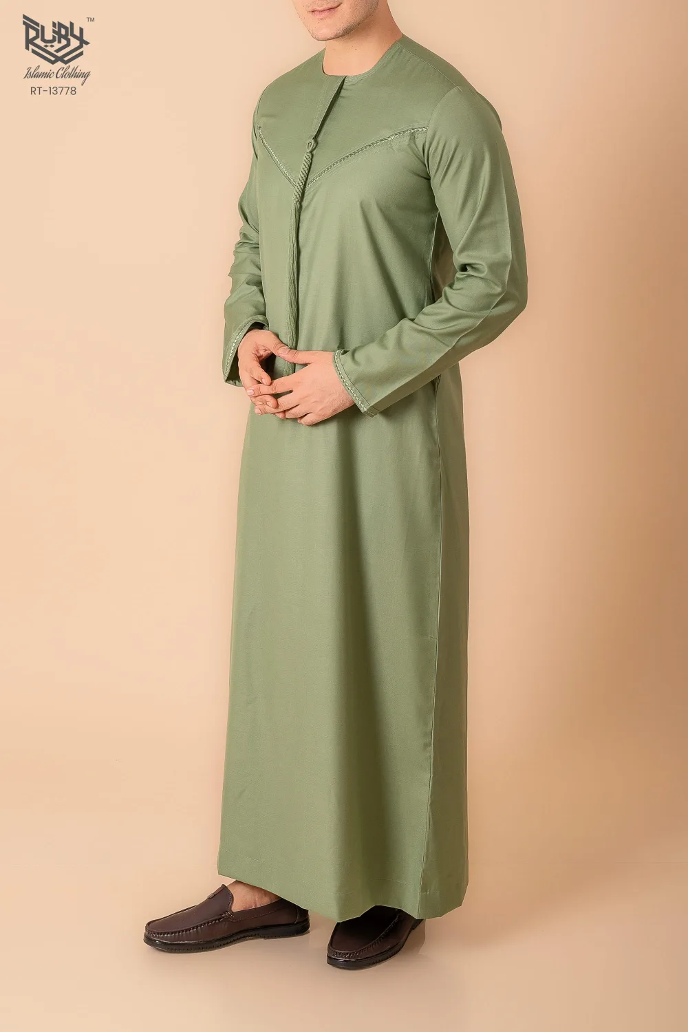 Premium Sage Green Emirati Tassel Thobe for Men – Light Grey Braided Front Kandura Design - Image 3 - Ruby Online