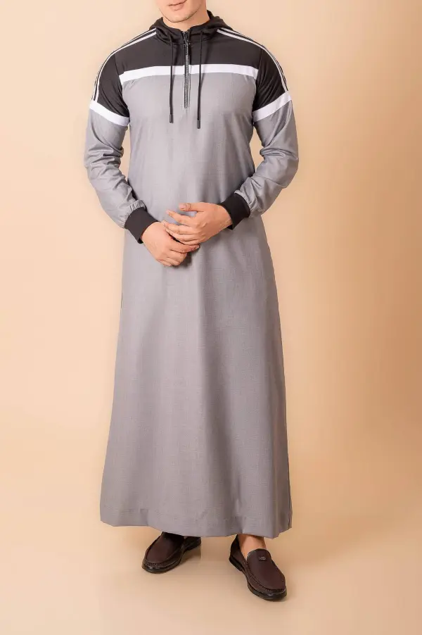 Men’s Light Grey Hooded Thobe with Black Panel & White Stripe Design - Image 2 - Ruby Online