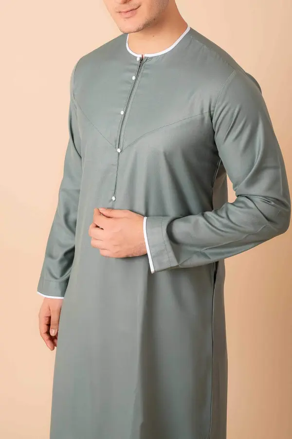 Premium Sage Green Emirati Thobe for Men with White Contrast Piping & Modern Panel Cut - Image 4 - Ruby Online