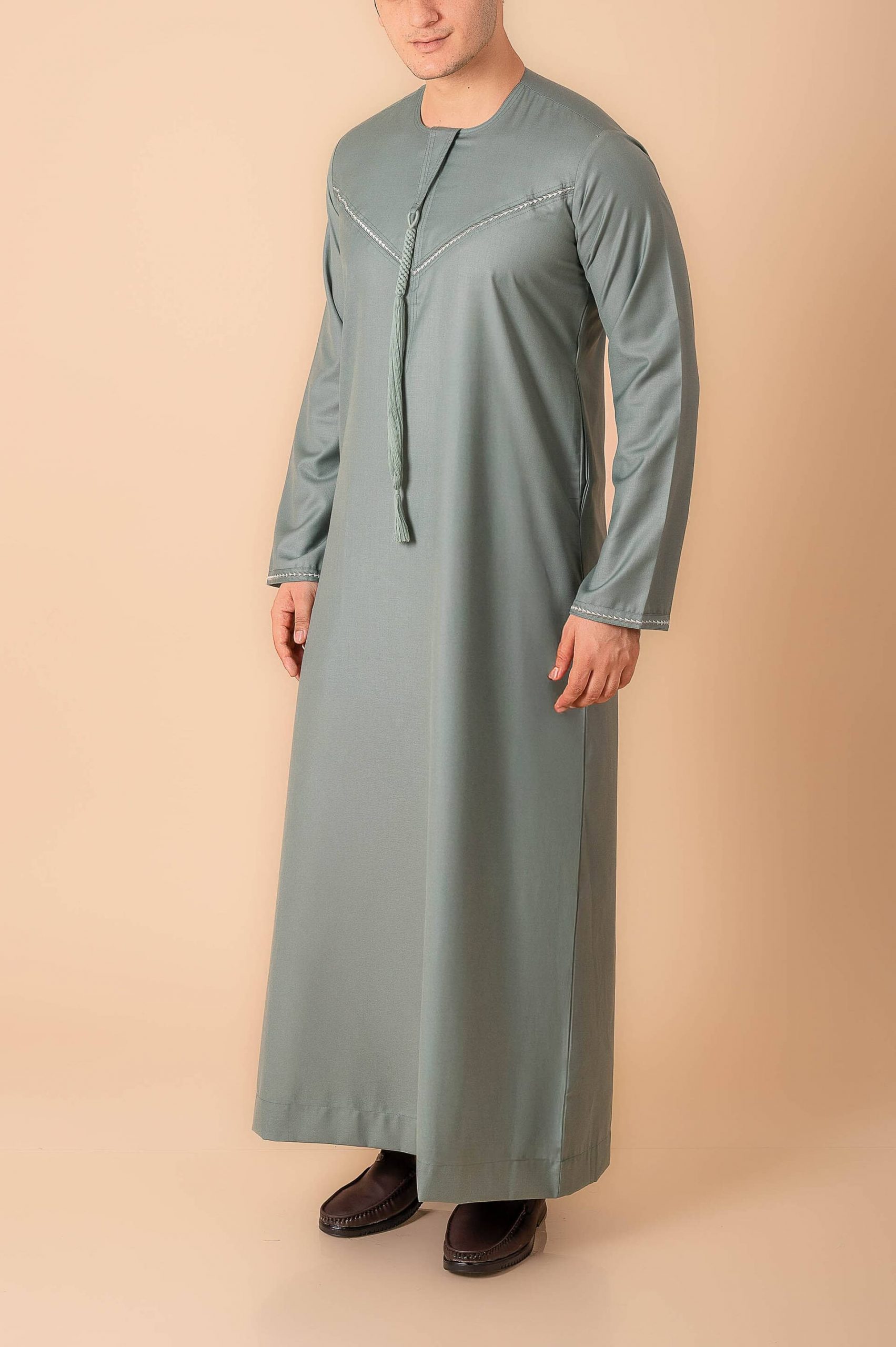 Premium Sage Green Emirati Tassel Thobe for Men with Silver Braided V-Panel – Modern Kandura Style - Image 8 - Ruby Online
