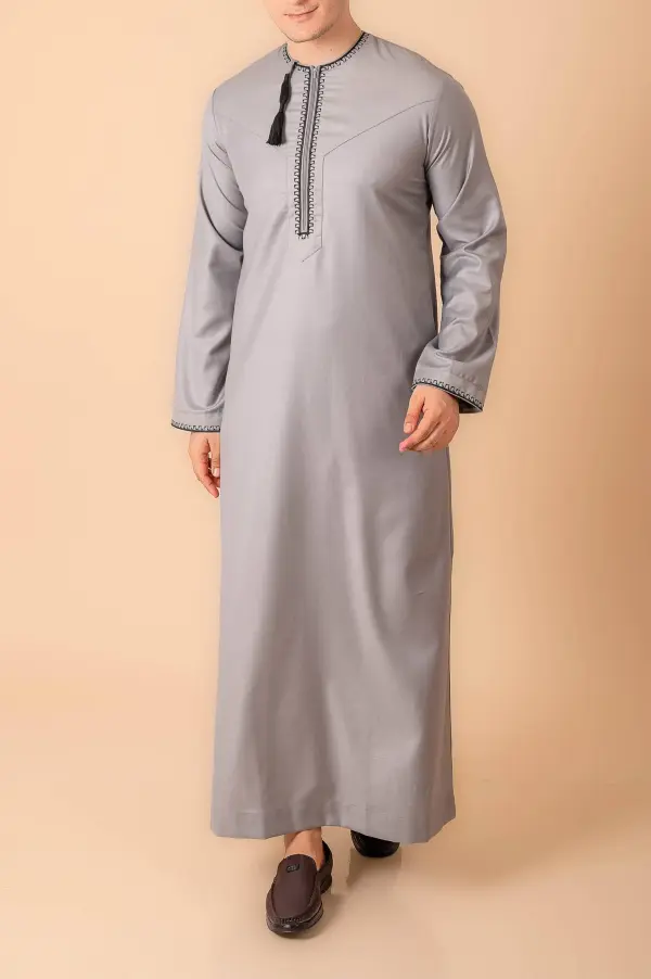 Light Ash Grey Omani Thobe with Black Loop Embroidery & Tassel