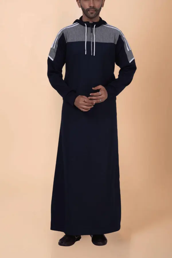 Men’s Navy Blue Hooded Thobe with Grey Panel & White Stripe Design - Image 5 - Ruby Online