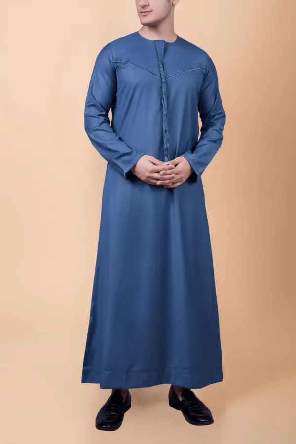 Steel Blue Emirati Thobe with Tassel & Subtle Chest Embroidery - Image 3 - Ruby Online