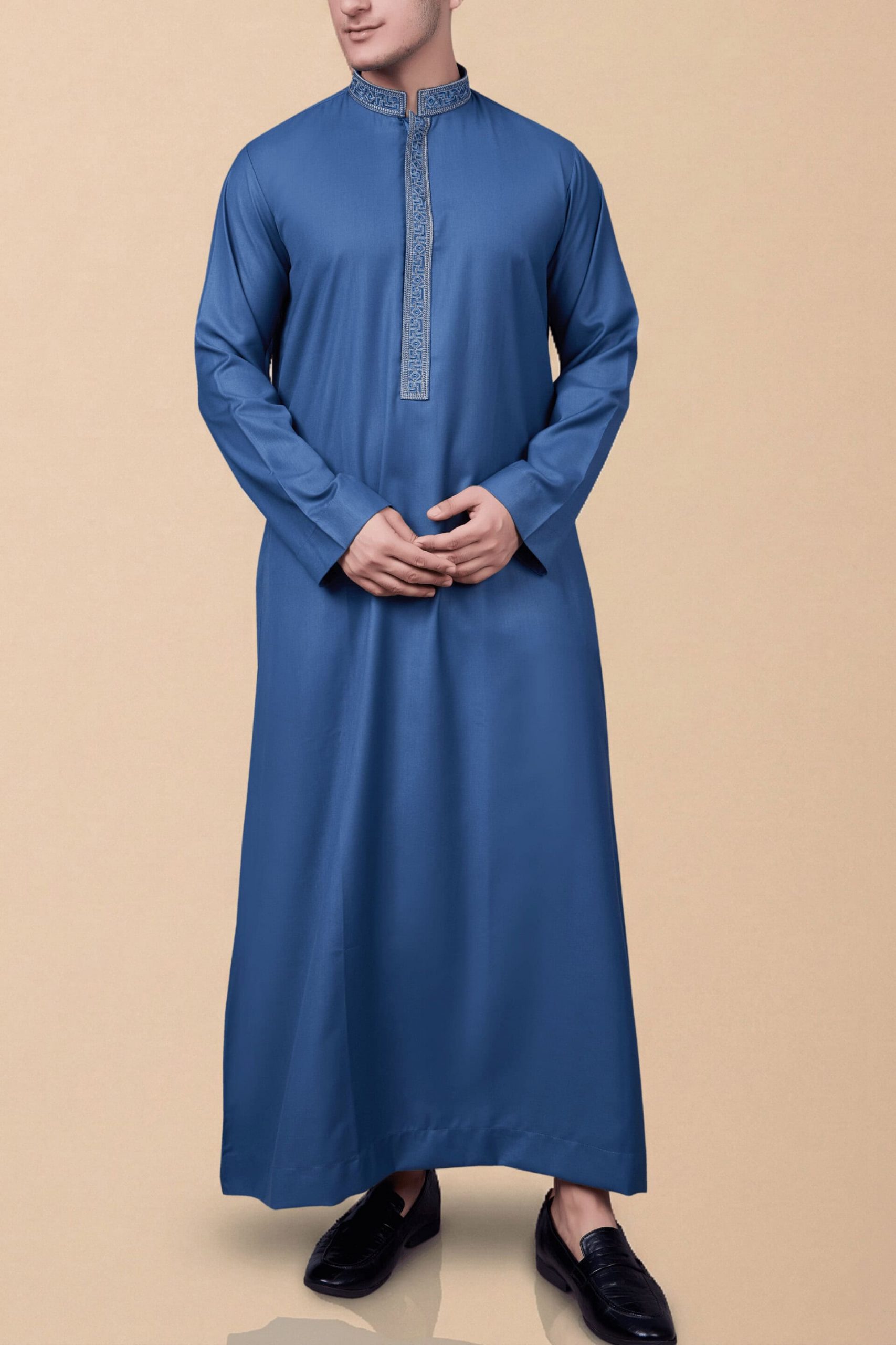 Steel Blue Emirati Thobe with Silver Geometric Embroidered Collar & Placket - Image 5 - Ruby Online