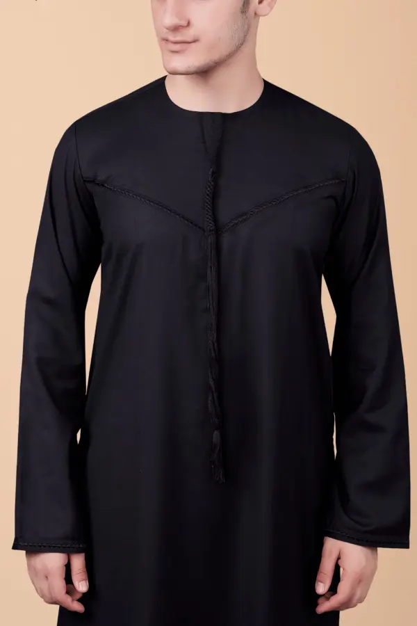 Men’s Black Emirati Tassel Thobe – Chevron Stitch Designer Kandura with Front Tassel - Image 4 - Ruby Online