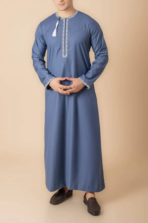 Steel Blue Omani Thobe with White Loop Embroidery & Tassel