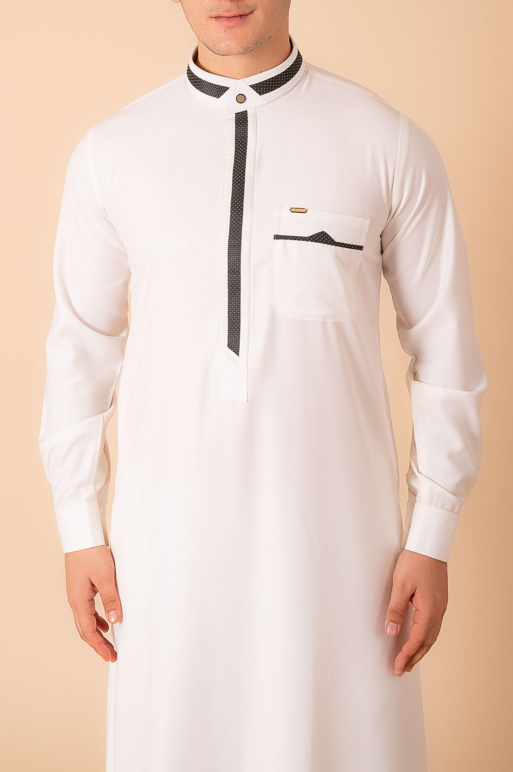 Luxury White Designer Thobe with Black Contrast Trim & Gold Detail - Image 8 - Ruby Online