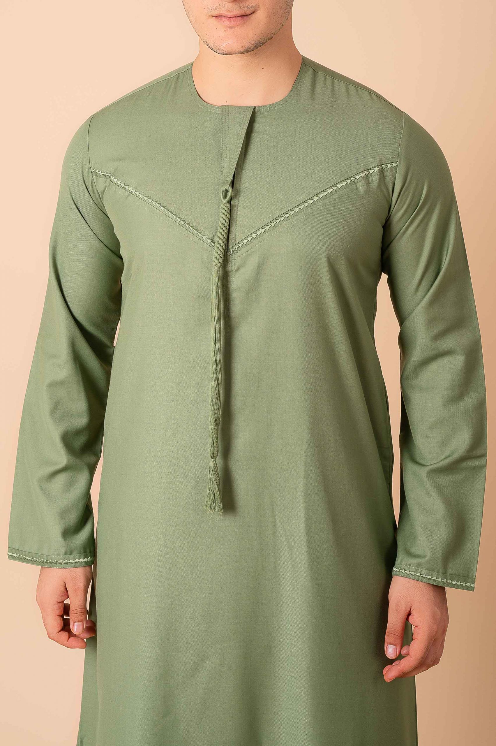 Premium Sage Green Emirati Tassel Thobe for Men – Light Grey Braided Front Kandura Design - Image 9 - Ruby Online