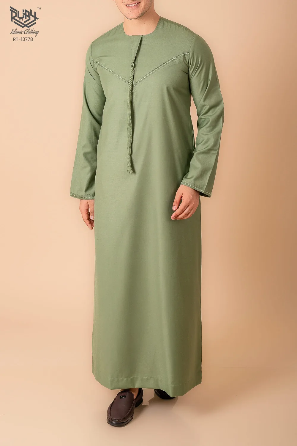 Premium Sage Green Emirati Tassel Thobe for Men – Light Grey Braided Front Kandura Design