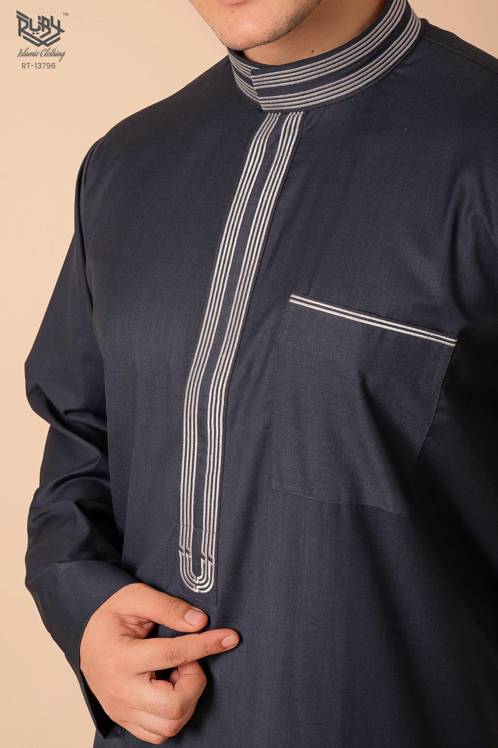 Premium Deep Charcoal Grey Emirati Designer Thobe with Striped Embroidered Placket - Image 5 - Ruby Online