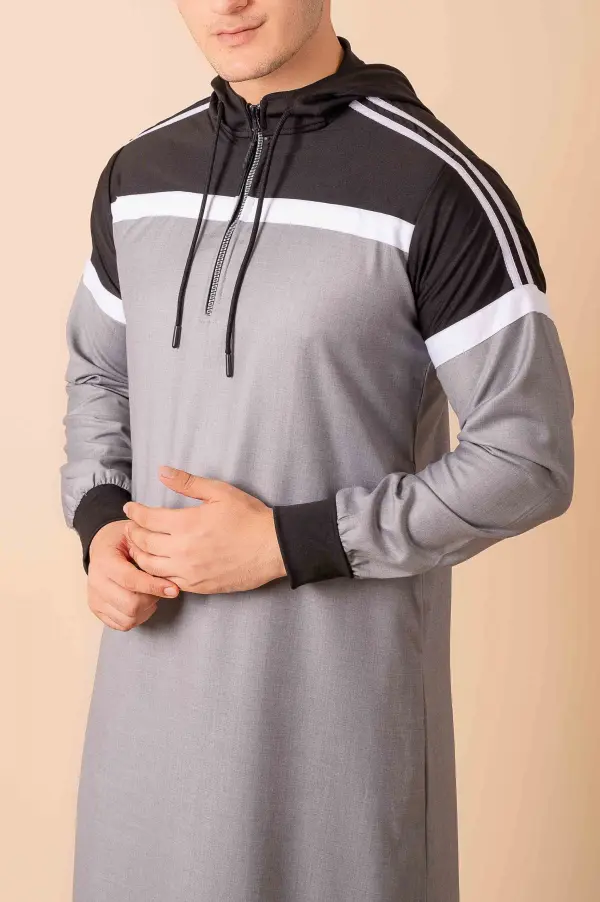 Men’s Light Grey Hooded Thobe with Black Panel & White Stripe Design - Image 6 - Ruby Online