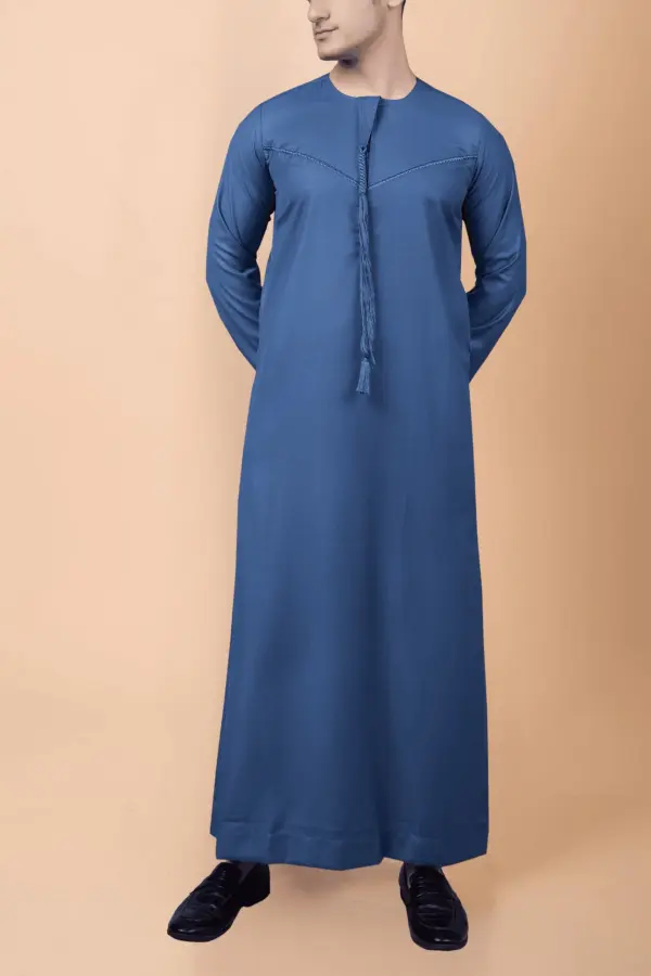 Steel Blue Emirati Thobe with Tassel & Subtle Chest Embroidery - Image 2 - Ruby Online