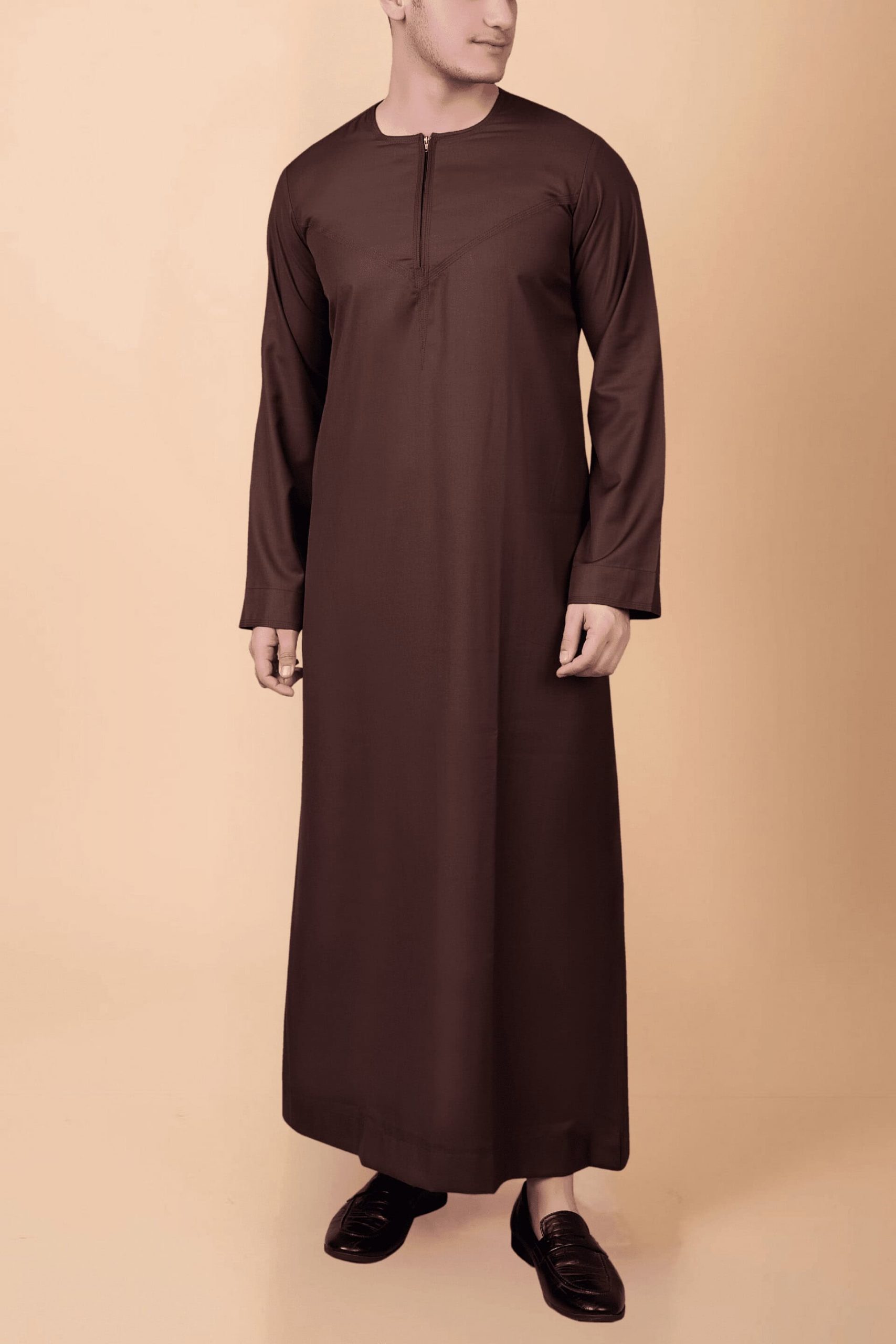 Modern Deep Brown Zip-Neck Thobe for Men – Minimal Classic Design - Image 5 - Ruby Online