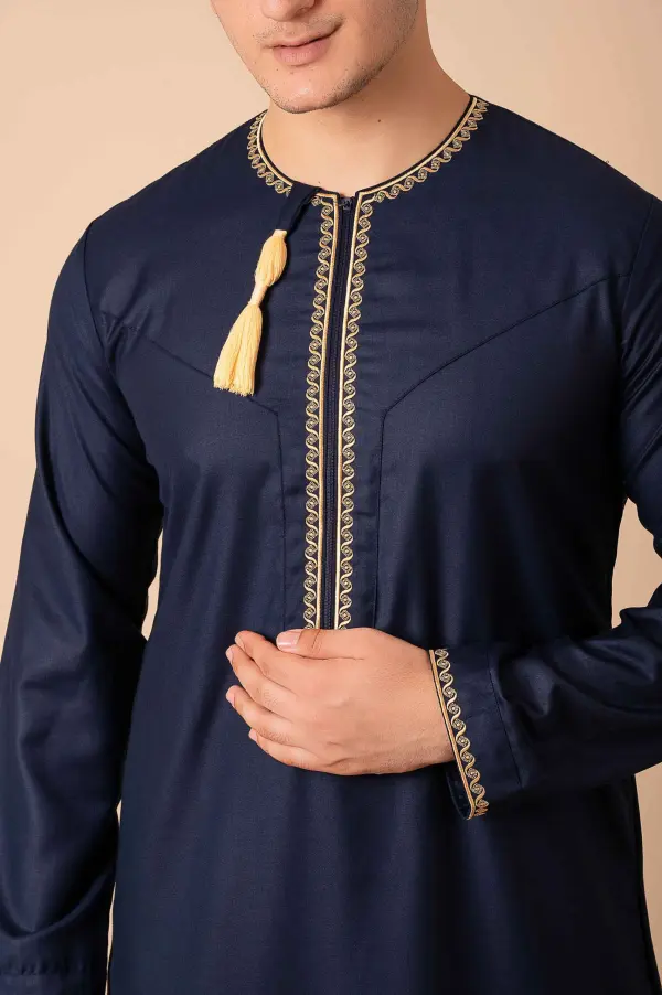 Navy Blue Omani Thobe with Gold Geometric Embroidery & Tassel - Image 4 - Ruby Online