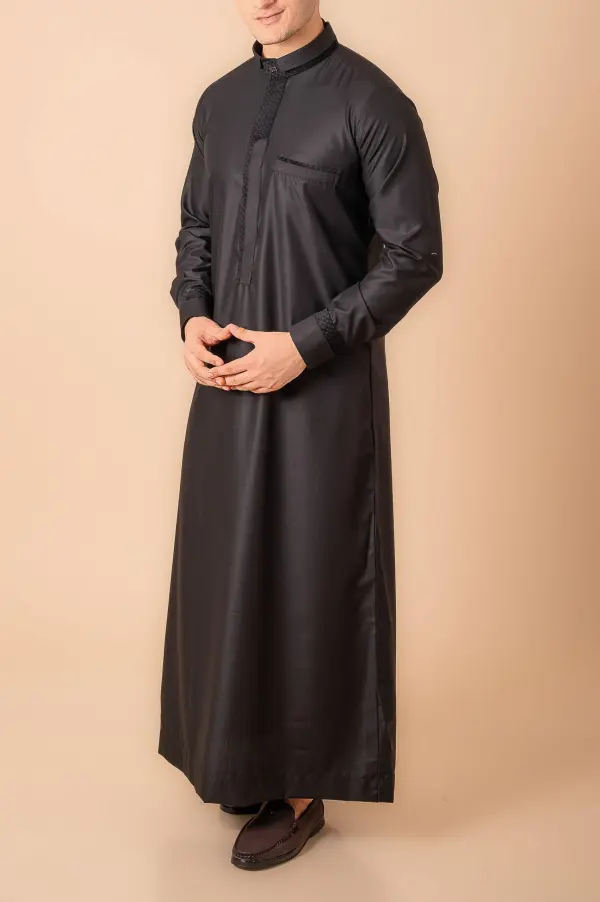Premium Jet Black Designer Thobe for Men with Textured Trim Placket & Modern Band Collar - Image 2 - Ruby Online