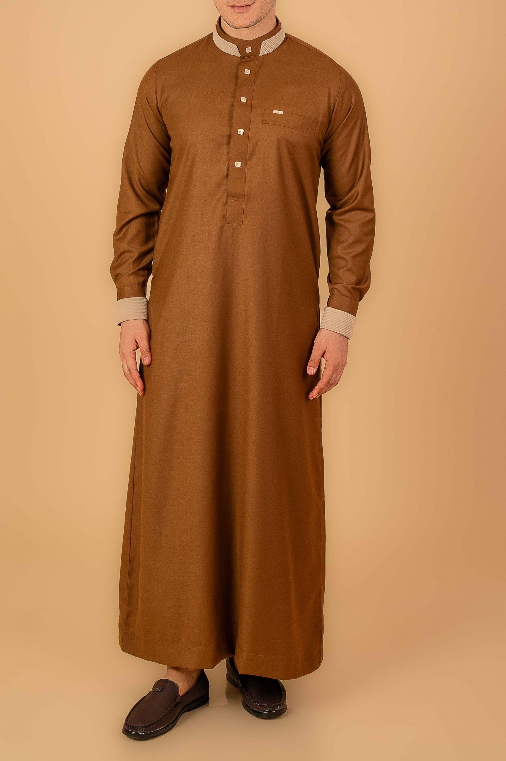 Copper Brown Contrast Collar Thobe – Modern Buttoned Men’s Islamic Wear - Image 7 - Ruby Online