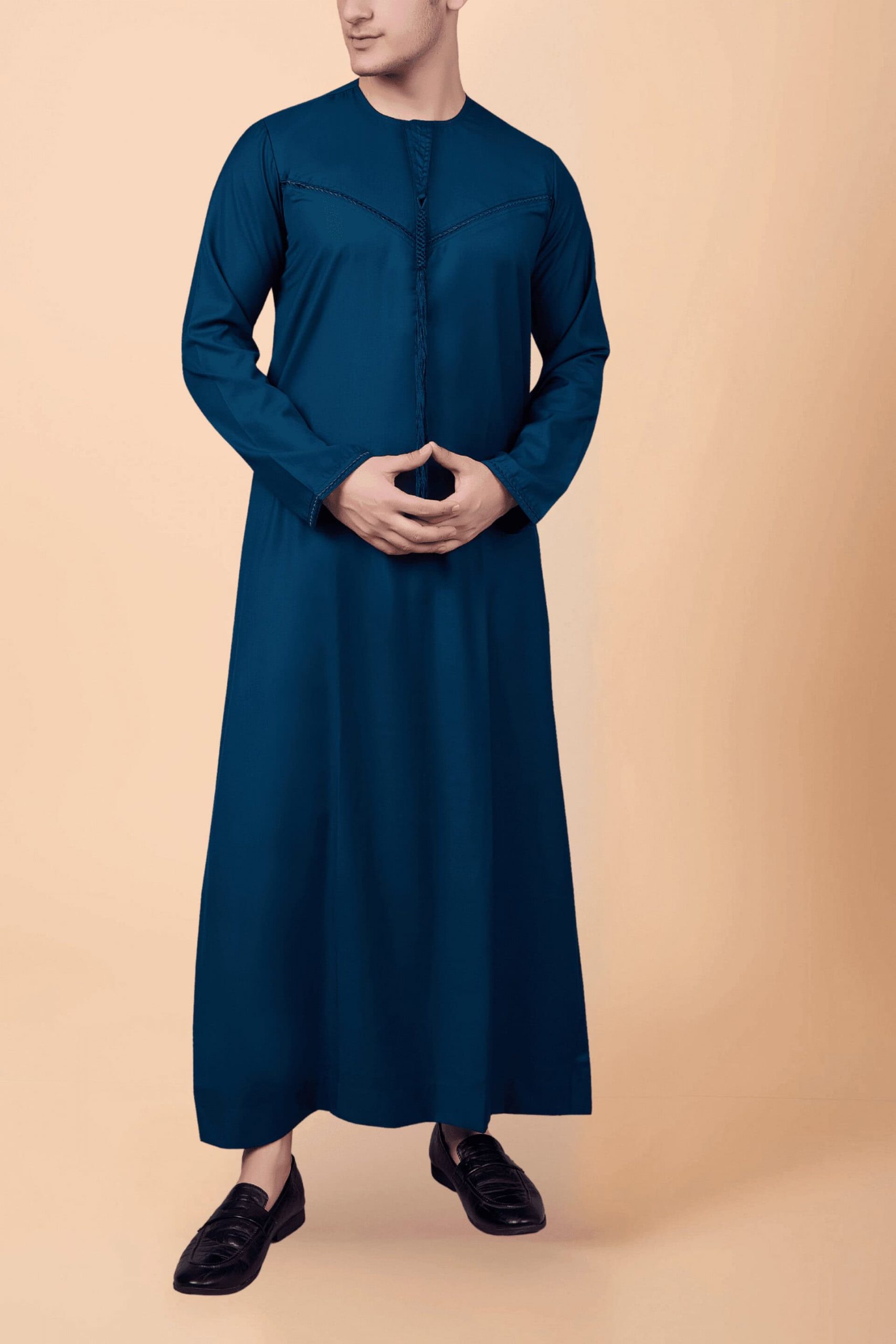 Men’s Teal Blue Emirati Tassel Thobe – Chevron Stitch Designer Kandura with Front Tassel - Image 6 - Ruby Online