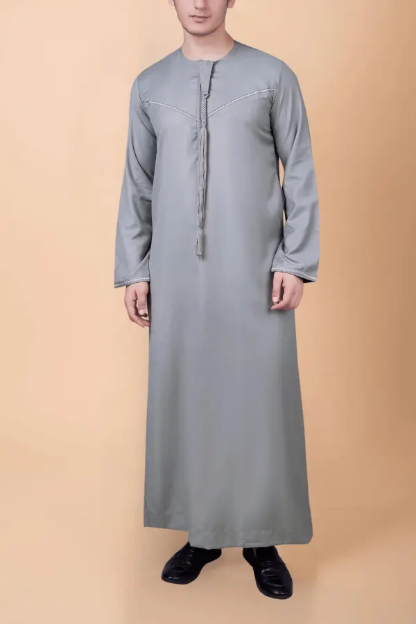 Premium Ash Grey Emirati Tassel Thobe with Signature Zigzag Embroidered Panel