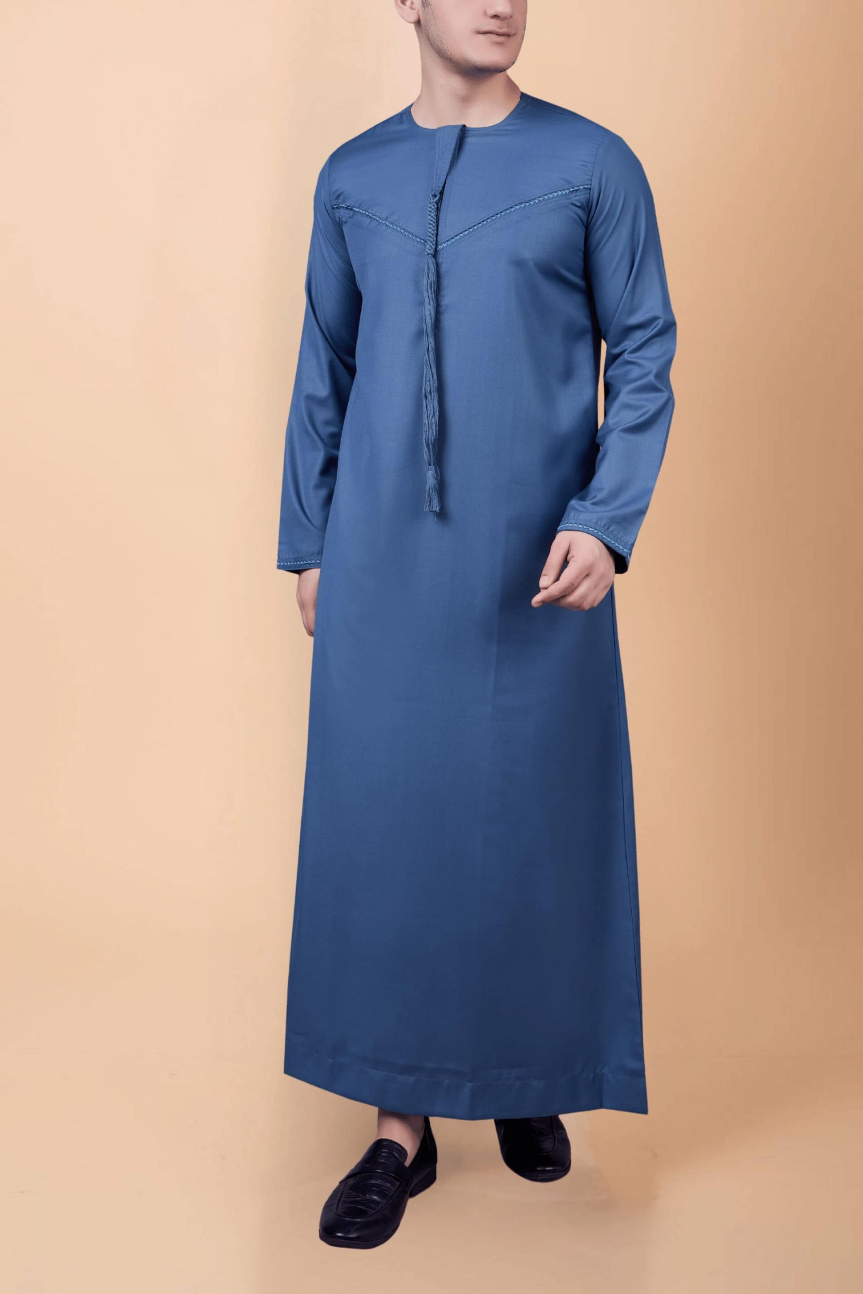 Steel Blue Emirati Thobe with Tassel & Subtle Chest Embroidery - Image 4 - Ruby Online