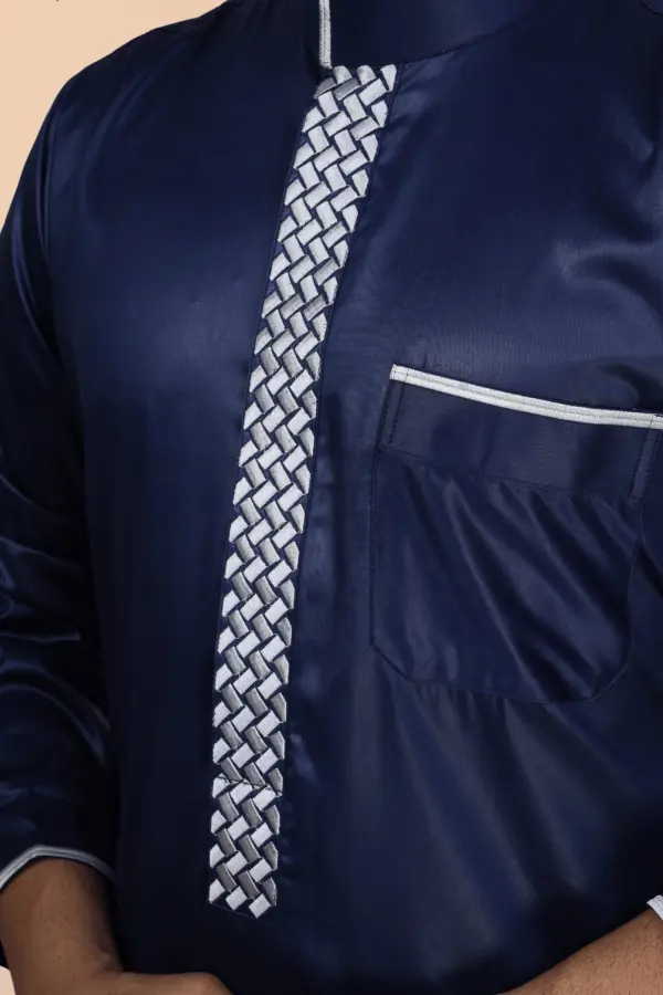 Navy Blue Thobe with White Geometric Embroidery Strip & Band Collar - Image 6 - Ruby Online