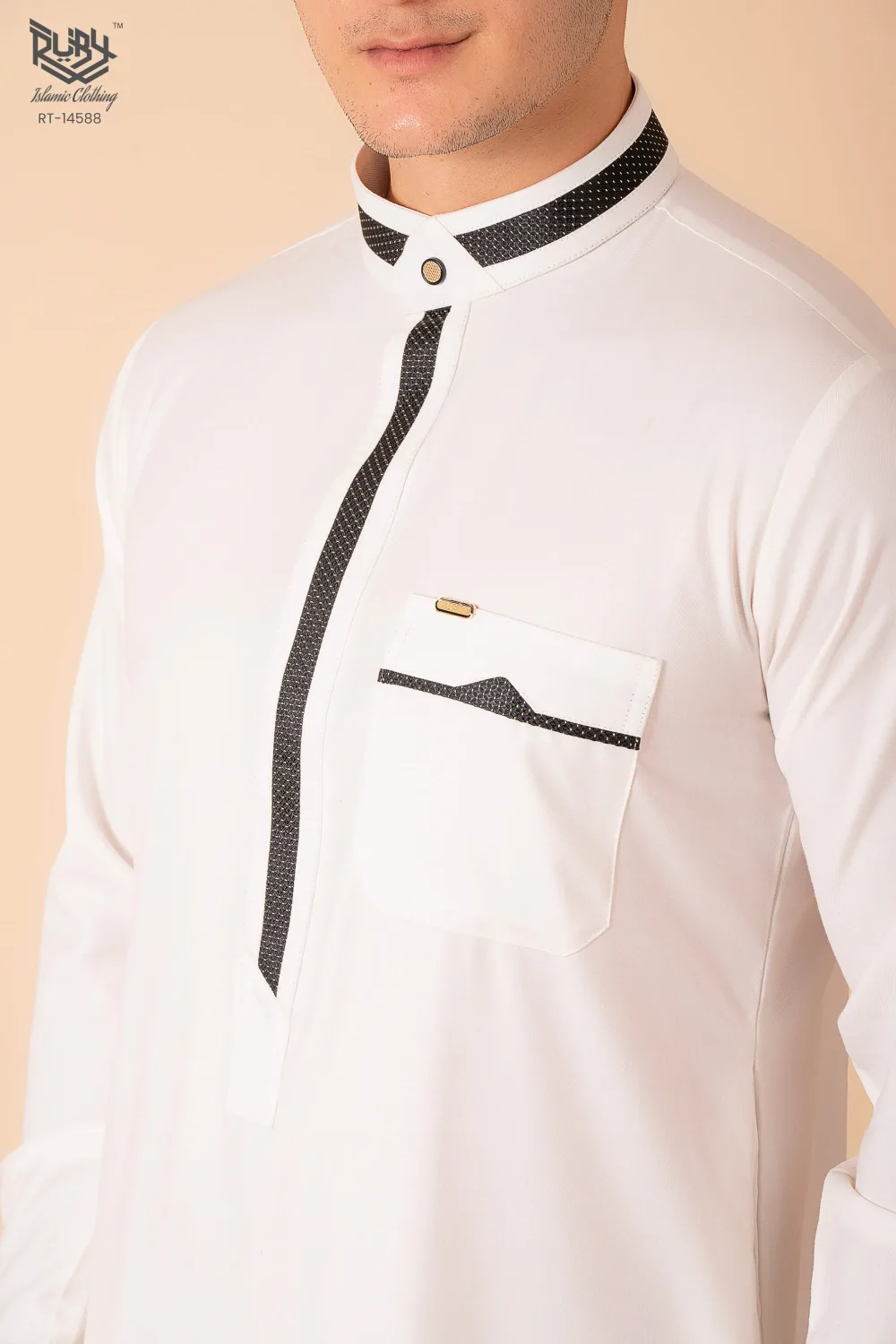Luxury White Designer Thobe with Black Contrast Trim & Gold Detail - Image 4 - Ruby Online