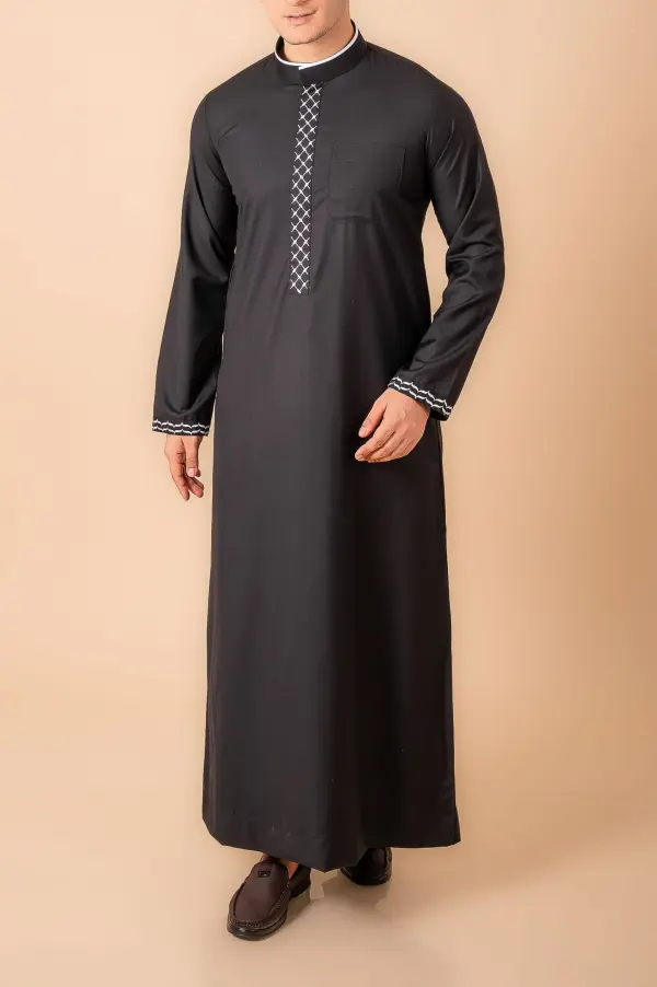 Jet Black Men’s Thobe with White Geometric Lattice Embroidered Placket & Cuff Borders