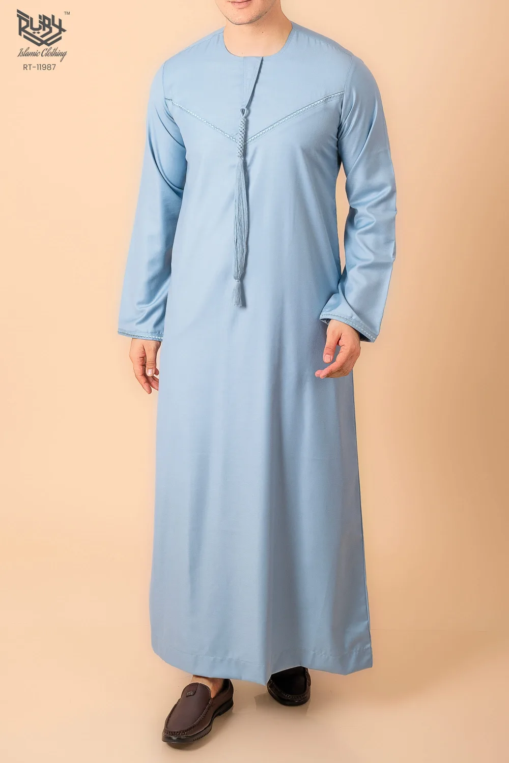 Premium Light Blue Emirati Tassel Thobe for Men – Elegant Braided Front Kandura Style