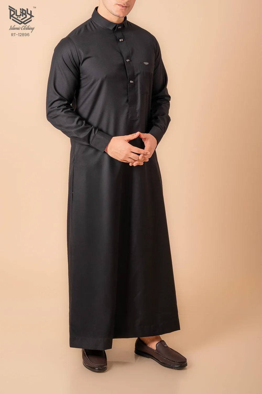 Luxury Deep Black Designer Thobe for Men with Gunmetal Button Placket & Modern Band Collar - Image 3 - Ruby Online