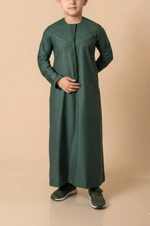 Premium Forest Green Emirati Kids Thobe with V-Stitch Detailing & Tassel