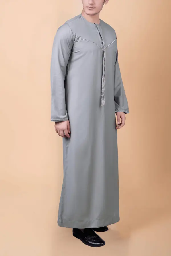 Premium Ash Grey Emirati Tassel Thobe with Signature Zigzag Embroidered Panel - Image 3 - Ruby Online