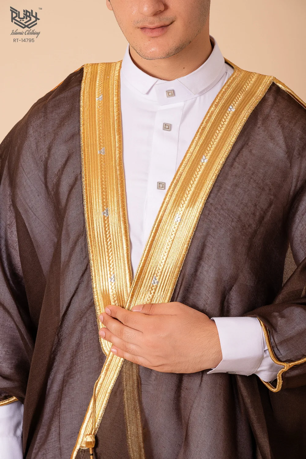 Regal Heritage Deep Brown Arabic Bisht for Men with Gold Zari Edge Embroidery – Premium Lightweight Open-Front Cloak - Image 5 - Ruby Online